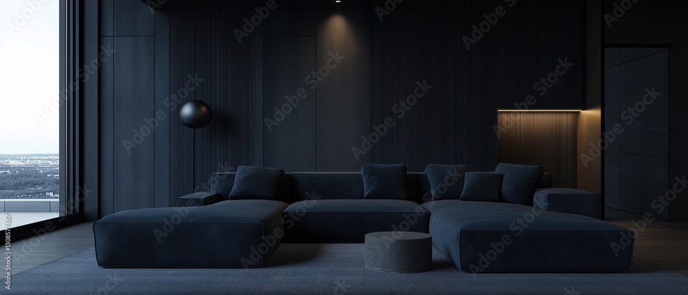 Poster modern living room with a large window on the left side. the window offers a panoramic view of the c