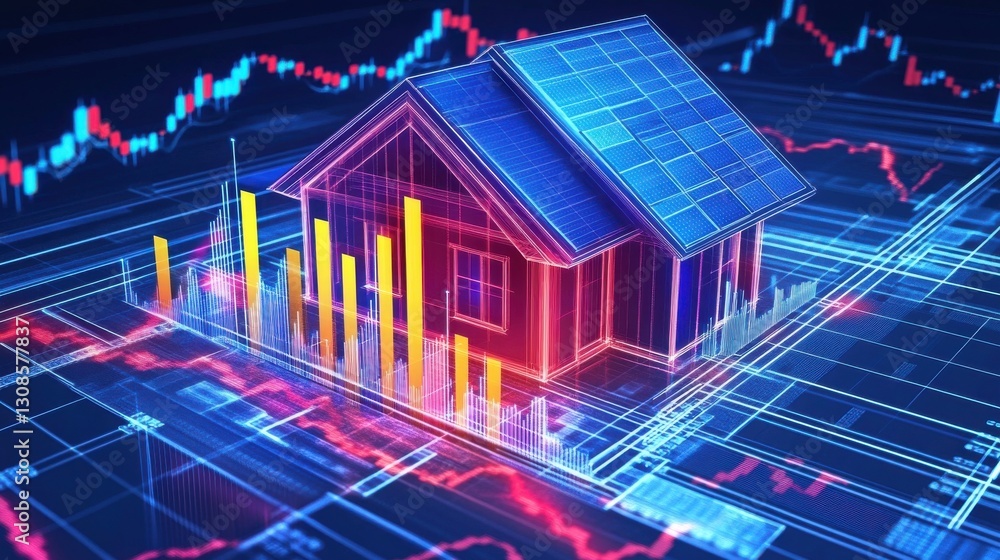 Aufkleber modern house glowing with digital elements showcasing energy efficiency and design trends near a fut