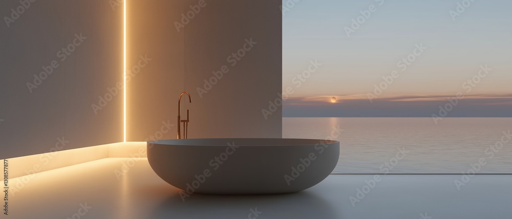 Aufkleber modern bathroom with a large window overlooking the ocean. the window is on the right side of the im