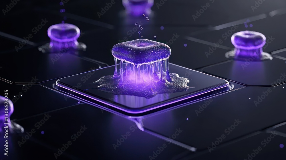 Poster futuristic digital interface: close-up of glowing purple energy emitting from technological interfac
