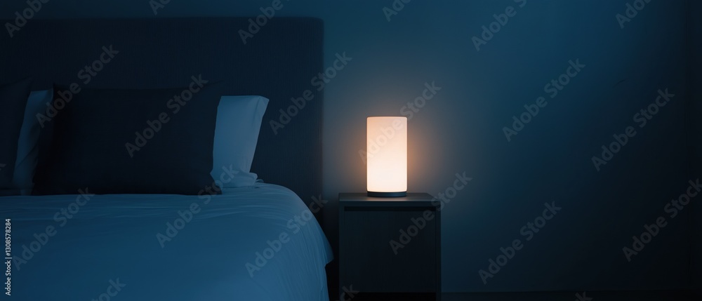 Poster nightstand with a lamp on it in a dark room. the lamp is turned on and is emitting a soft blue light