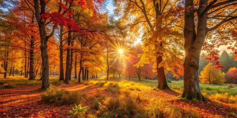 Fototapeta premium Golden Sunlight Illuminates a Canopy of Autumnal Hues in a Serene Woodland Setting