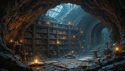 Mysterious library discovery abandoned cave fantasy art dark environment enigmatic viewpoint hidden knowledge concept