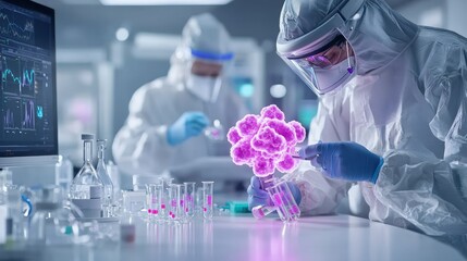 Fototapeta premium Research in Lab: Scientists in protective gear diligently analyze samples and conduct experiments in a modern laboratory setting, signifying advancement and progress in science.