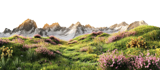 Scenic alpine meadow with blooming wildflowers, isolated on transparent cutout background