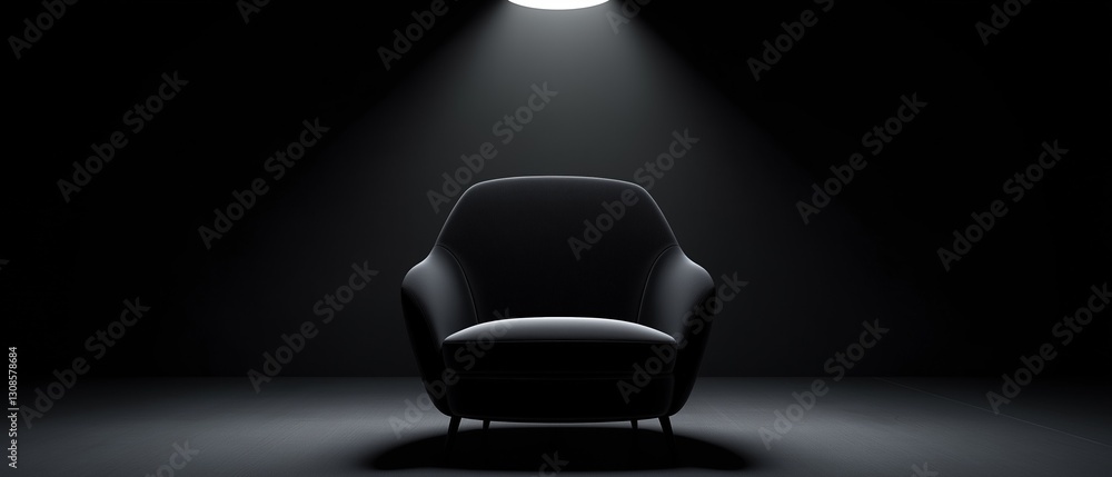Poster black armchair in a dark room. the chair is facing towards the right side of the image and is positi
