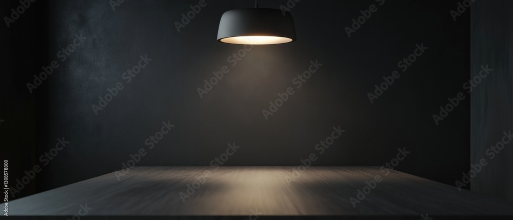 Poster dark room with a wooden table in the foreground. the table is in the center of the image and is faci