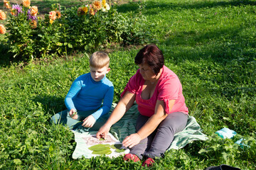 Outdoors on a sunny day, a woman and a young boy sit together in a grassy field, sorting leaves....