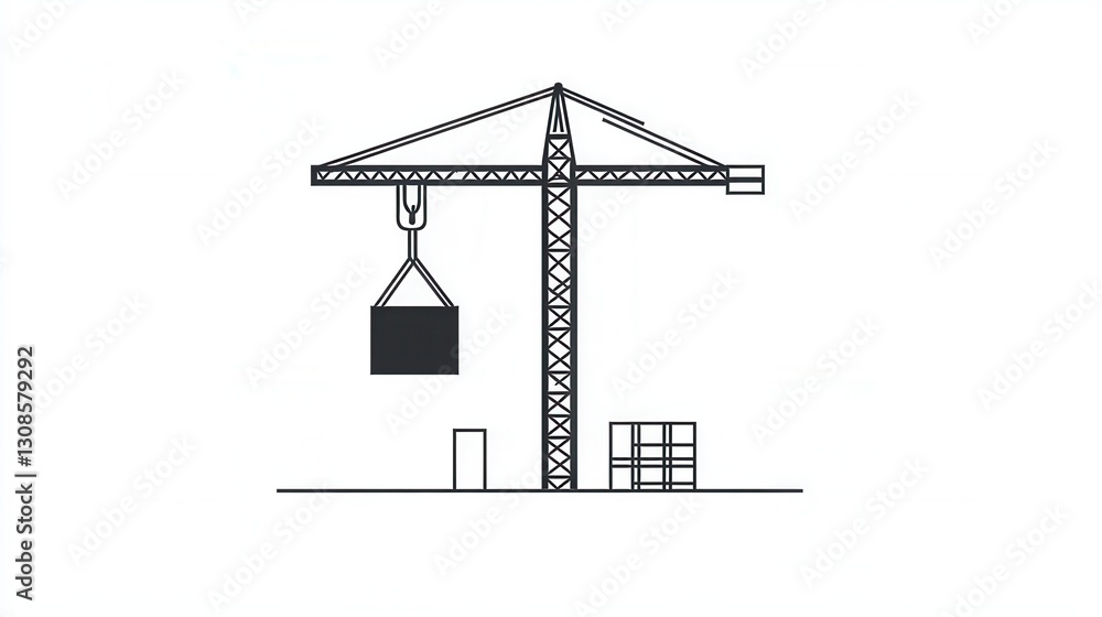 Poster minimalist construction logo featuring a silhouette of a tower crane lifting a block in modern line 