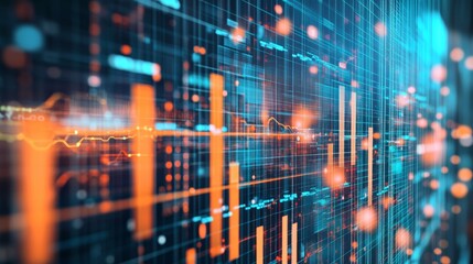 Obraz premium A digital close-up of glowing orange and blue data graphs on a futuristic screen, symbolizing innovation and progress in business and technology.. AI Generation
