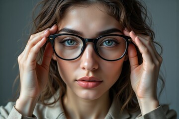 Fototapeta premium A Beautiful Woman Is Wearing Black Eyeglasses and Looking Forward