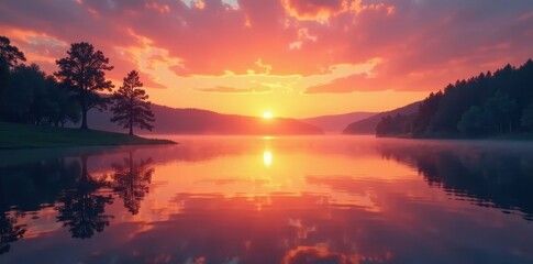 Fototapeta premium Serene sunrise paints the still waters of a small, empty lake, trees silhouetted on the horizon , sun rays through trees, twilight