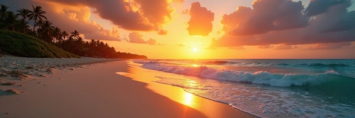 Sunset casts warm glow on pristine Mexican beach, calm waves , palm trees, coastal, calm