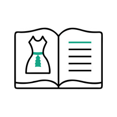 Fototapeta premium Fashion design book showing dress illustration and notes, fashion catalog, fashion magazine, clothing patterns