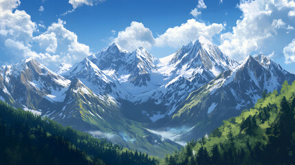 Majestic snowcapped mountain range wallpaper scenic landscape nature background clear blue sky vibrant green forest