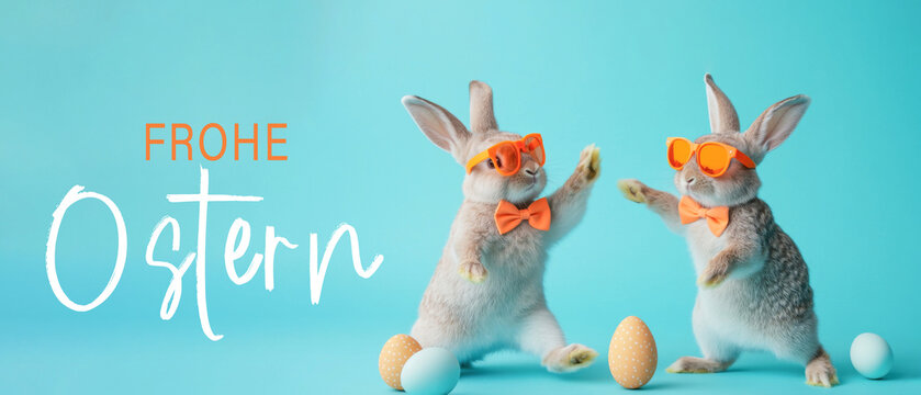 Frohe Ostern Konzept Feiertag Gru&szlig;karte mit deutschem Text - Cooler tanzende Osterhasen, Kaninchen mit Sonnenbrille, isoliert auf blauem Hintergrund