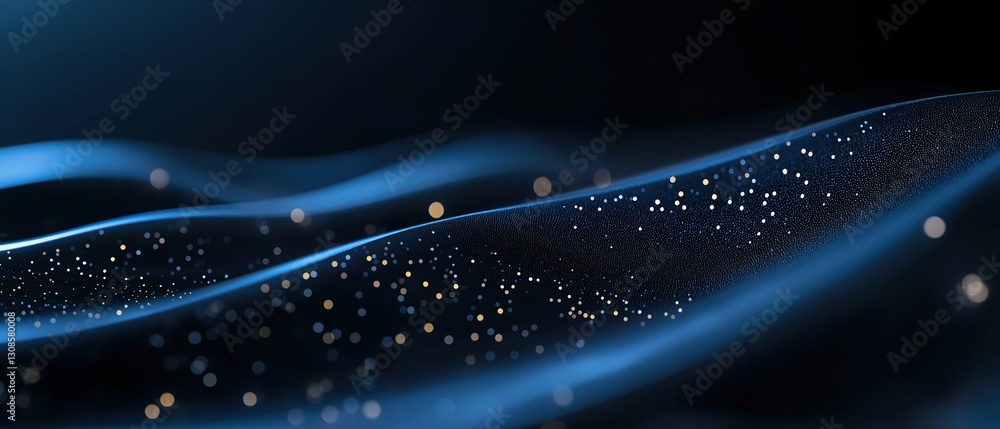 Poster abstract digital art piece with a dark blue background. the background is made up of a wave-like pat