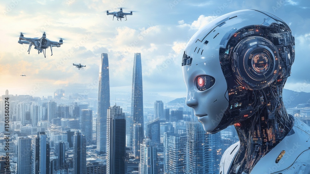 Poster close-up of a humanoid robot with advanced cybernetic features standing against a high-tech city sky