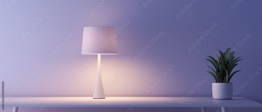 Poster white table with a lamp on it. the lamp has a white base and a white lampshade that is turned on. on
