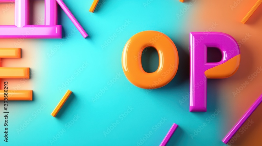 Poster 3d rendered colorful letters op on a gradient background with scattered geometric shapes.