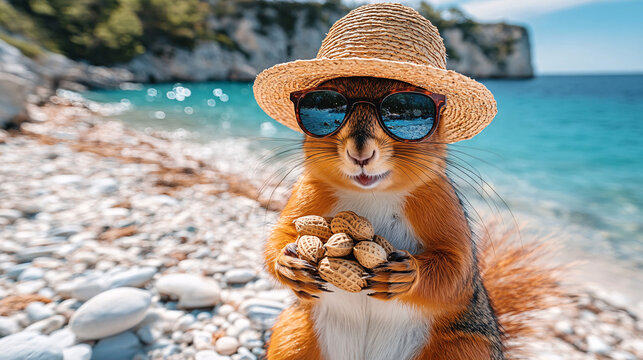 joyful squirrel wearing sunglasses and straw hat holds handful of peanuts on sunny beach. vibrant blue water and rocky shoreline create cheerful summer atmosphere