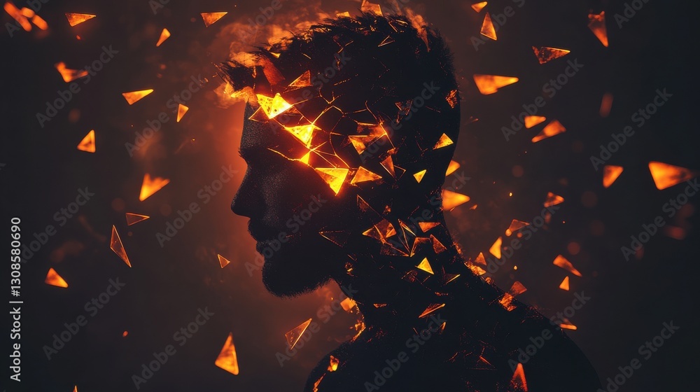 Poster Man radiating with glowing fragments surrounded by an ethereal atmosphere during a creative concept portrayal