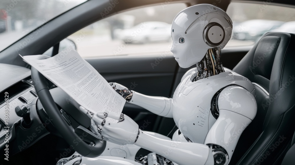 Poster a humanoid robot inside a sleek car, focusing on a document, symbolizing ai integration in modern ve