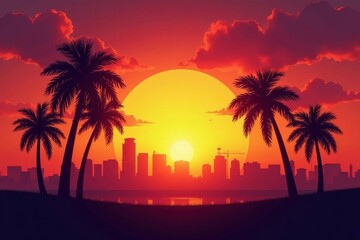 Dramatic LA sunset, silhouette palm trees against cityscape , evening, image