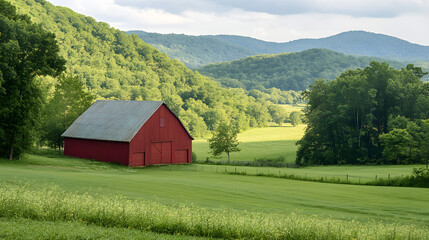 Obraz premium Picturesque countryside wallpaper featuring a red barn lush green fields and rolling hills nature background serene view