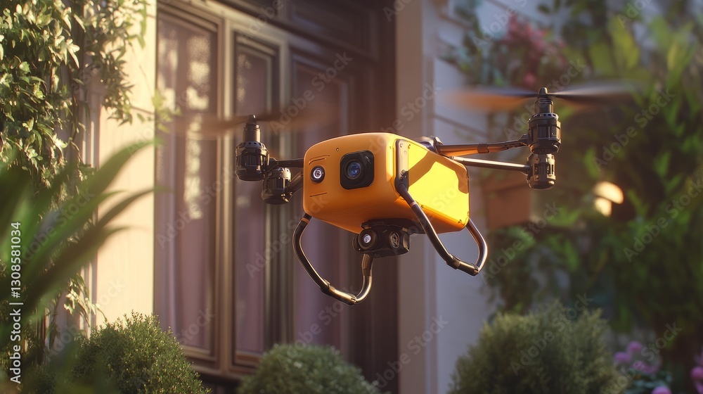 Poster a drone with a robotic arm carefully places a package on a doorstep, emphasizing precision in ai-dri