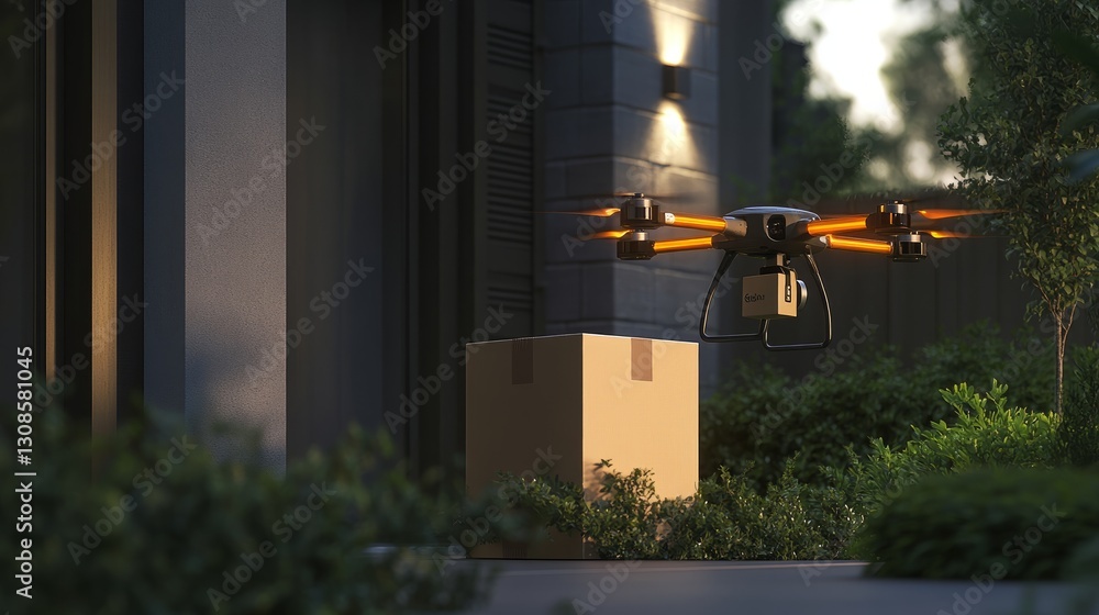 Poster a drone with a robotic arm carefully places a package on a doorstep, emphasizing precision in ai-dri