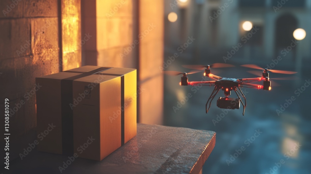 Poster a drone with a robotic arm carefully places a package on a doorstep, emphasizing precision in ai-dri