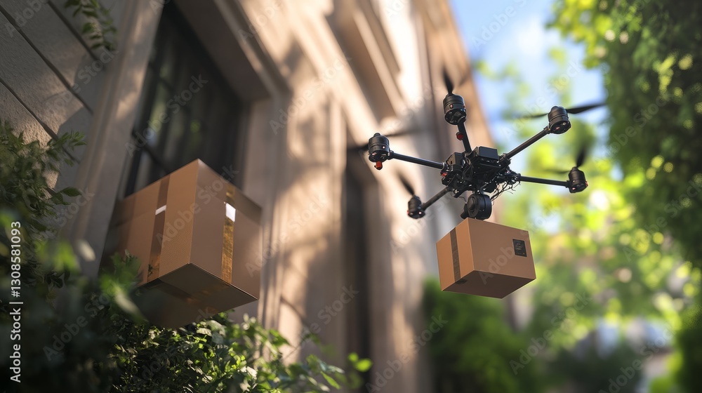 Poster a drone with a robotic arm carefully places a package on a doorstep, emphasizing precision in ai-dri