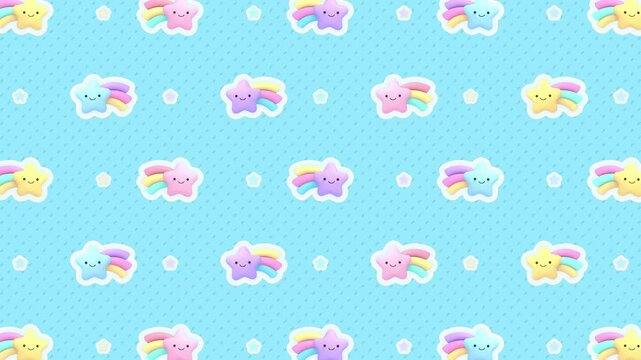 Looped kawaii stars with rainbow tails on blue background motion graphics.