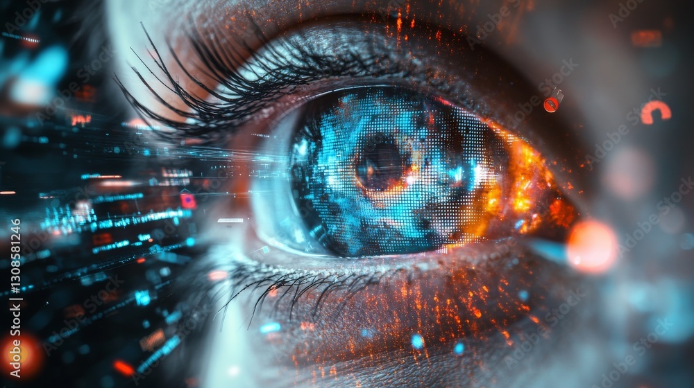 Poster macro view of an eye with glowing blue and orange digital elements, illustrating cybernetics, innova