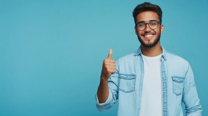 Naklejka premium Smiling man with glasses gives a thumbs up in front of a blue background during a cheerful moment