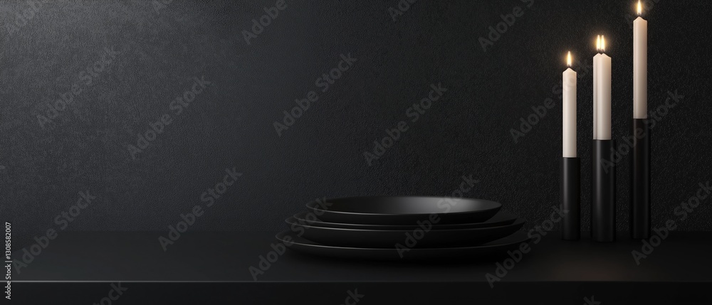 Poster black table with a stack of black plates and three white candles on it. the background is a dark gre