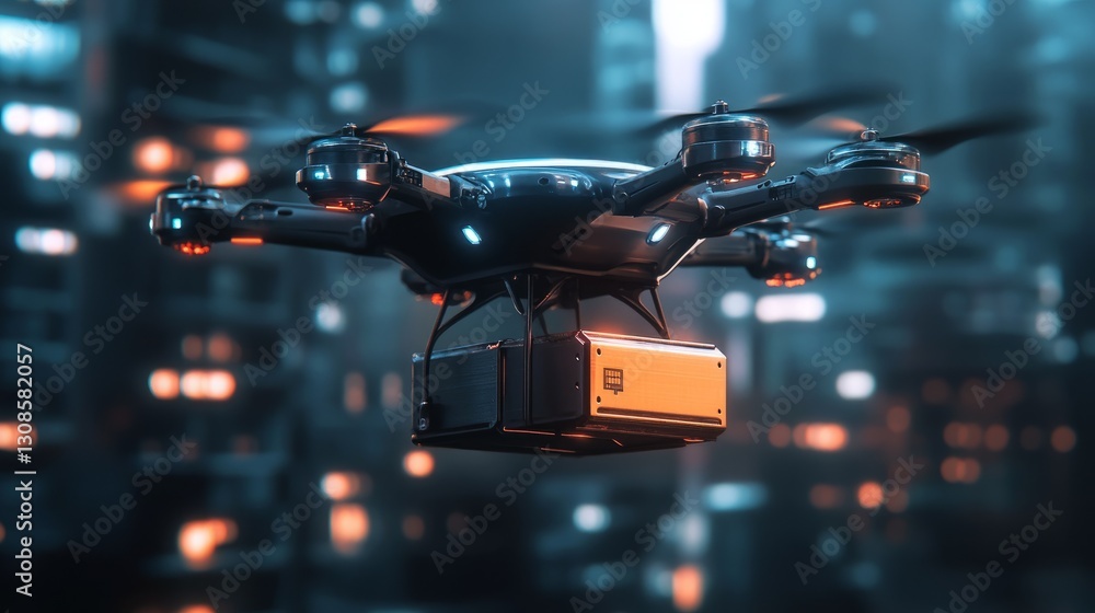 Poster a futuristic drone equipped with sensors scans its surroundings while carrying a secure delivery box