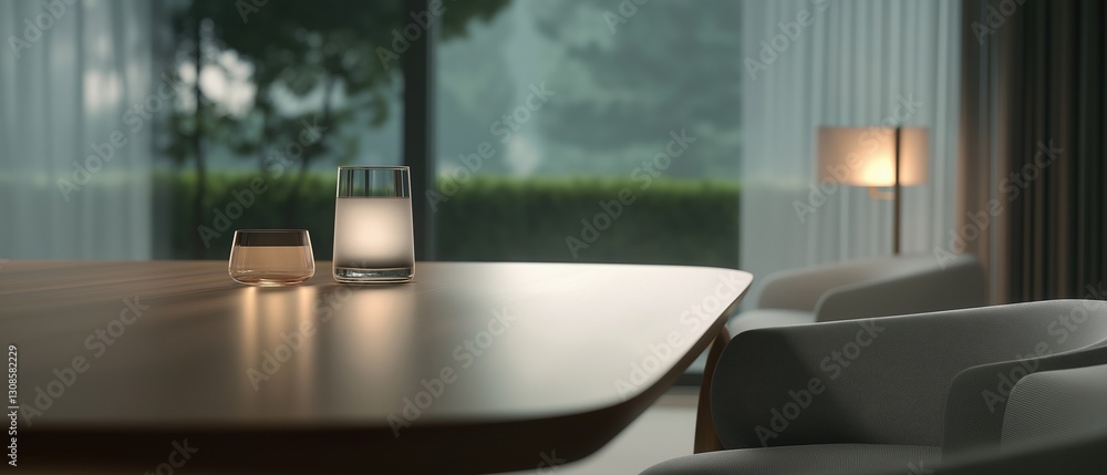 Poster modern dining room with a large window that offers a view of the greenery outside. the window is cov