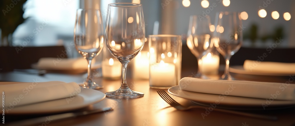 Poster close-up of a dining table set for a meal. the table is covered with a white tablecloth and there ar