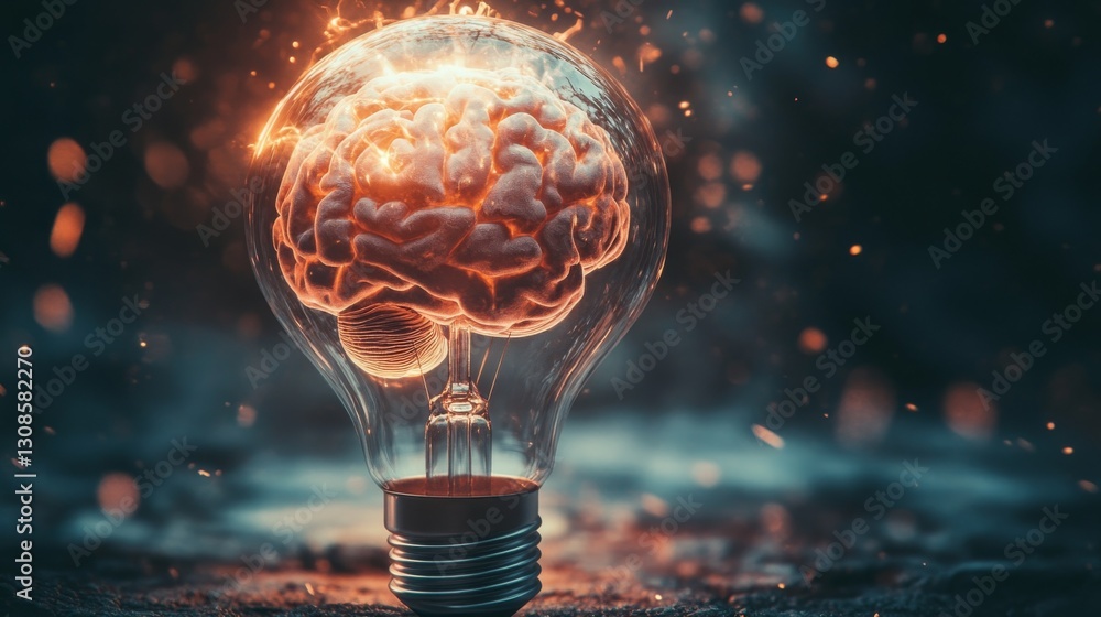Poster creative depiction of a glowing light bulb containing a brain, representing ideas, innovation, artif