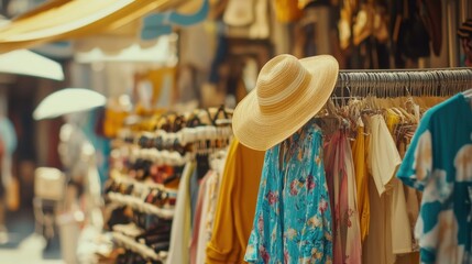 Obraz premium Spring fashion market displays vibrant clothing and accessories in a lively outdoor setting