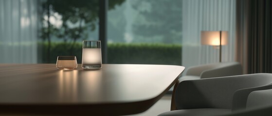 Modern dining room with a large window that offers a view of the greenery outside. the window is covered with sheer curtains and has a wooden table in the center.