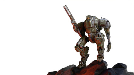 3d render of heavy sci-fi mech soldier stands on top of iron ore mountain guarding mining operation holding weapon in one hand can destroy any enemy. Battle for mineral resources on white background.