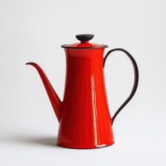 Fototapeta premium Bright red enamel coffee pot with black accents perfect for morning brews in a cozy kitchen setting