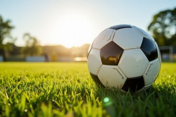 Fototapeta premium A soccer ball rests on green grass in natural sunlight