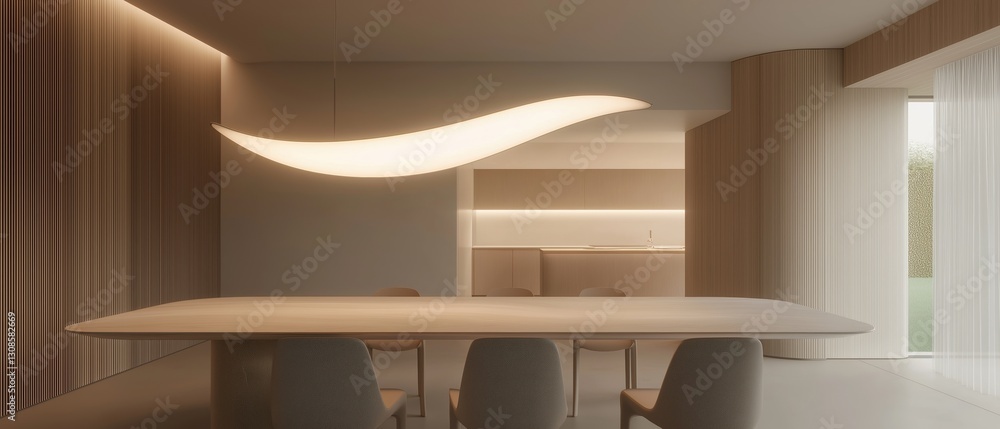 Poster modern dining room with a large wooden table in the center. the table is rectangular in shape and ha