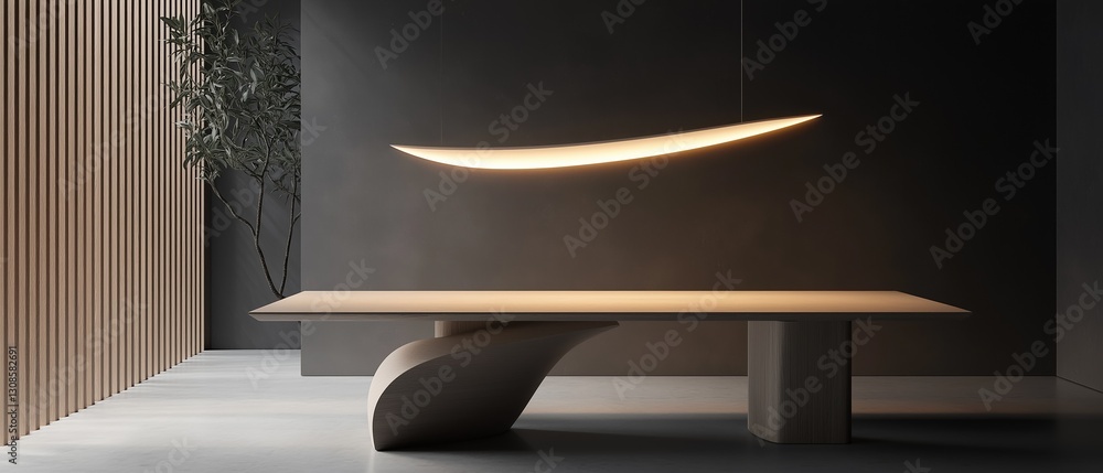 Poster modern dining table in a dark room with a wooden wall on the left side and a plant on the right side