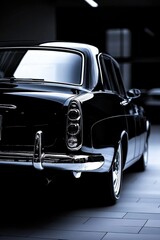 Naklejka premium Vintage black car rear view with classic tail lights in garage setting