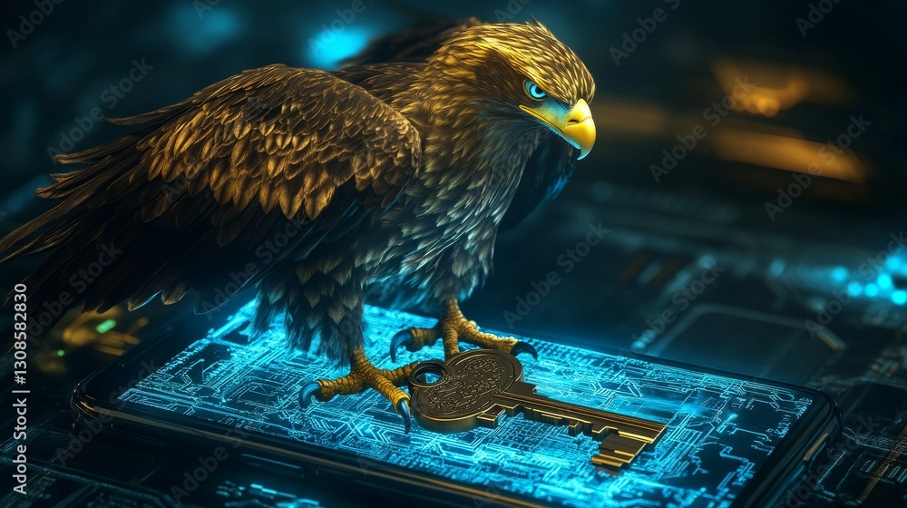 Poster a stunning golden eagle on a smartphone with a digital key, showcasing concepts of cyber security, t
